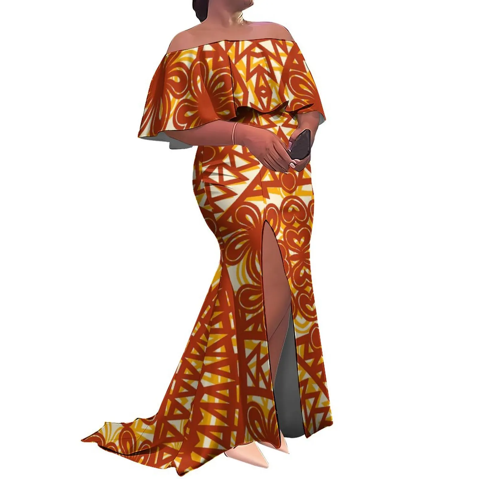 Fabrieksgroothandel op maat Hawaii dames fishtail-jurk en Nieuw-Zeelandse jurken Ruffle off-the-shoulder split zeemeermin maxi-jurk