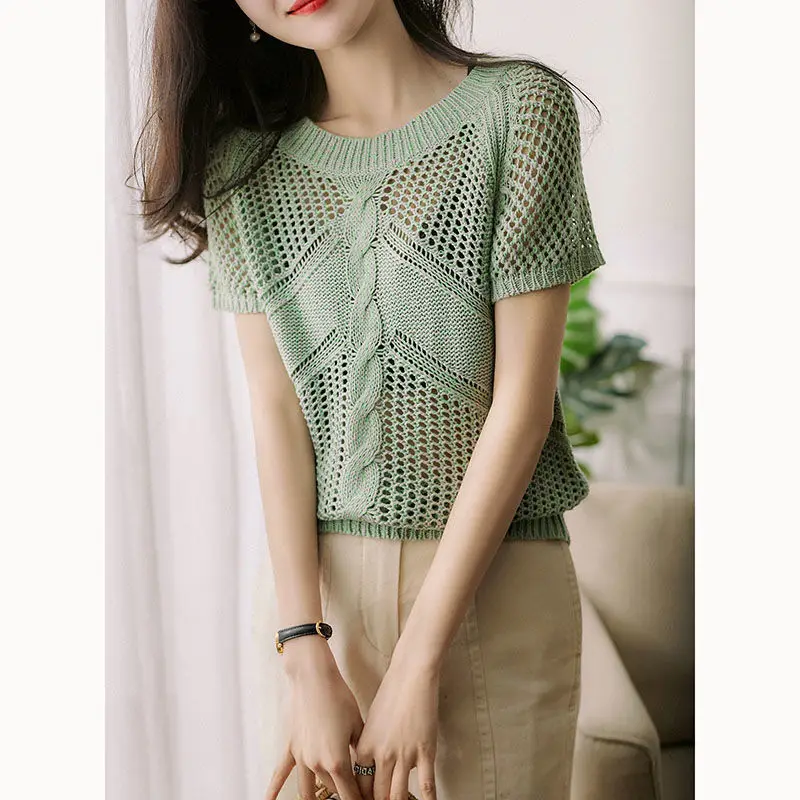 Stylish O-Neck Knitted Loose Hollow Out Blouse Female Clothing 2023 Summer New Casual Pullovers Tops Short Sleeve Korean Shirt