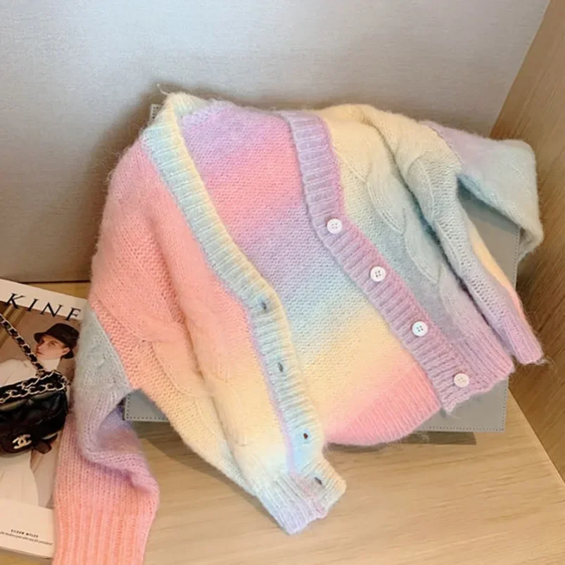 New Rainbow Knitted Cardiganr Infant Toddler Child Sweet Kawaii Sweater Coat Fashion Girls Gradient Jacket Clothes