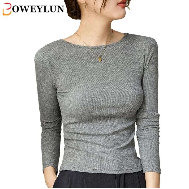 BOWEYLUN One-line Collar Cotton Long-sleeved T-shirt Female Spring and Autumn New High Elastic Tops Bottoming Shirt Women