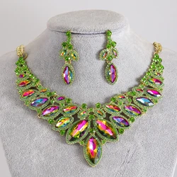 Vedawas 3pcs Elegant Rhinestone Earrings Necklace Set,Luxury Geometric Rhinestone Hollow Out Banquet Wedding Women Accessories