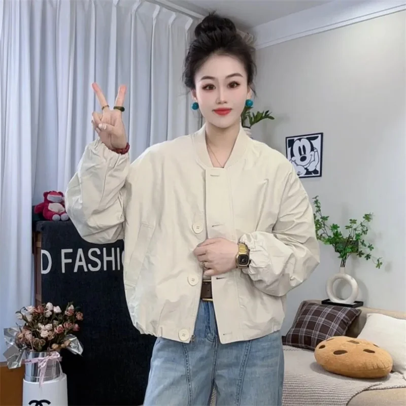 

Korean Women Round Neck Short Jacket Autumn Ladies Long Sleeves Outwear Spring Female Fashion Casual Stand Collar Patchwork Coat