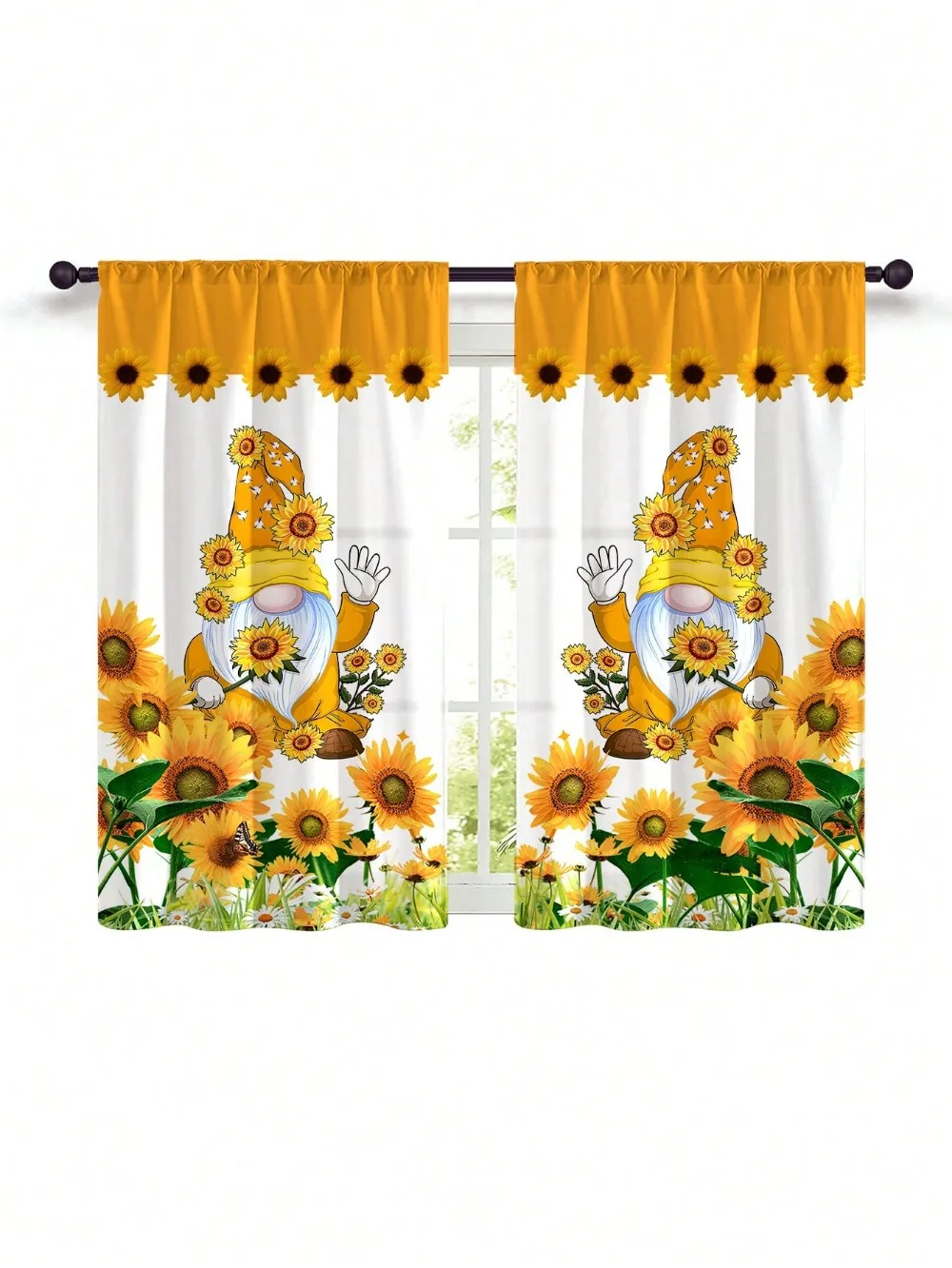 2pcs New Modern Fresh Checkered Sunflower Digital Printed Home Decoration Kitchen Short Window Curtains With Rod Pocket