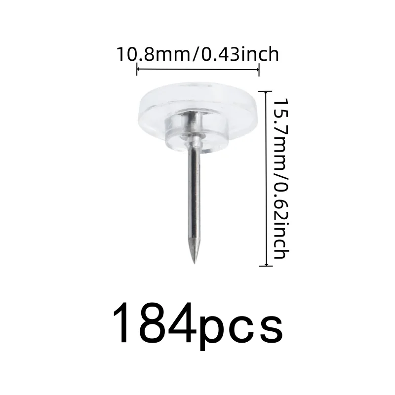 Reusable Wall Safe Transparent Board Pins 184 pcs, perfect for DIY Decoration Wall, Easy Push Sharp Pin