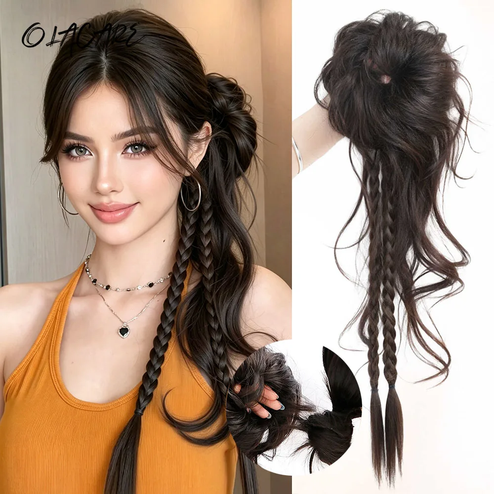 OLACARE Synthetic Hair Bun Chignon Braid Messy Curly Hair Band Elastic Scrunchy False Hair Pieces For Women Hairpins Black Brown