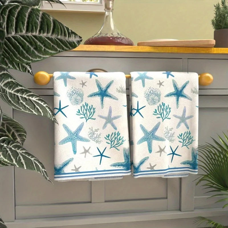 2PCS, starfish marine style towel, soft and durable, marine life patterned nautical coast design