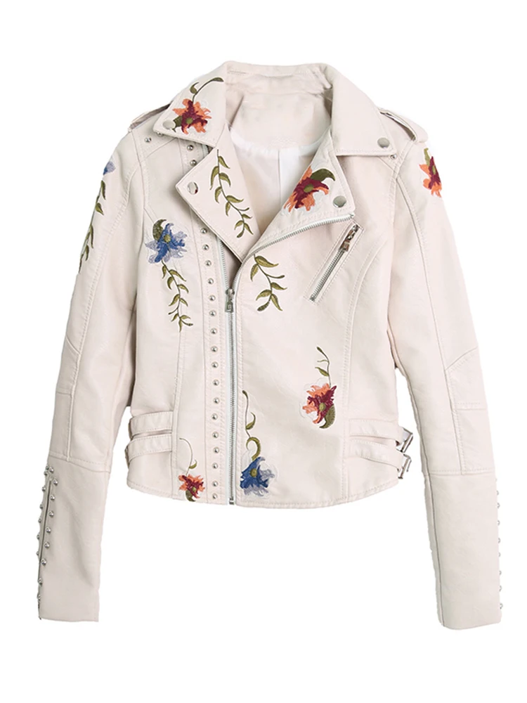 Women Pu Floral Print Embroidery Faux Soft Leather Jacket Coat  Turn-down Collar Casual Pu Motorcycle Black