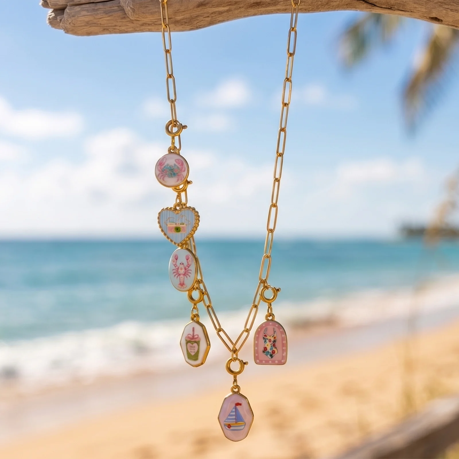 1pc Ocean Beach Charms Crabs Lobster Print 304 Stainless Steel 18KGold Plated Spring Clasp Pendant Bikini Ornament DIY Wholesale