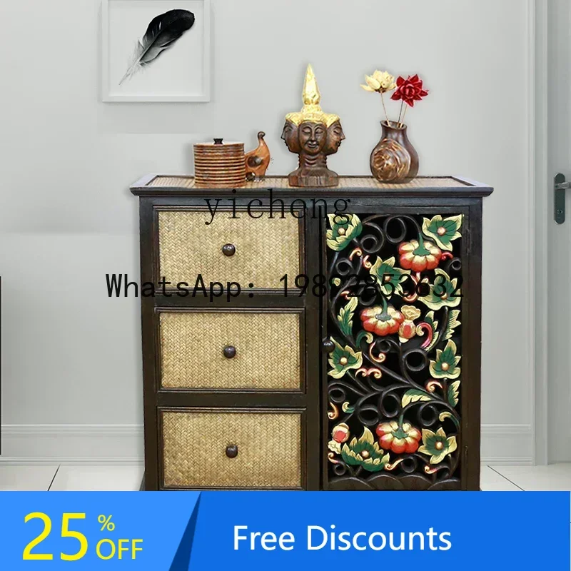 LYY  Wood Carved Cabinet Decorative Carved Cabinet Southeast Asian Furniture Retro Cabinet