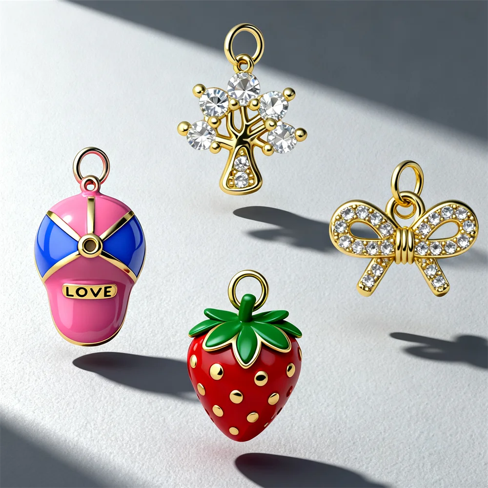 

3Pcs Pendants Brass Charms with Cubic Zirconia Enamel Tree Cap Strawberry Bow DIY Jewelry Charms Necklace Bracelet Making Craft