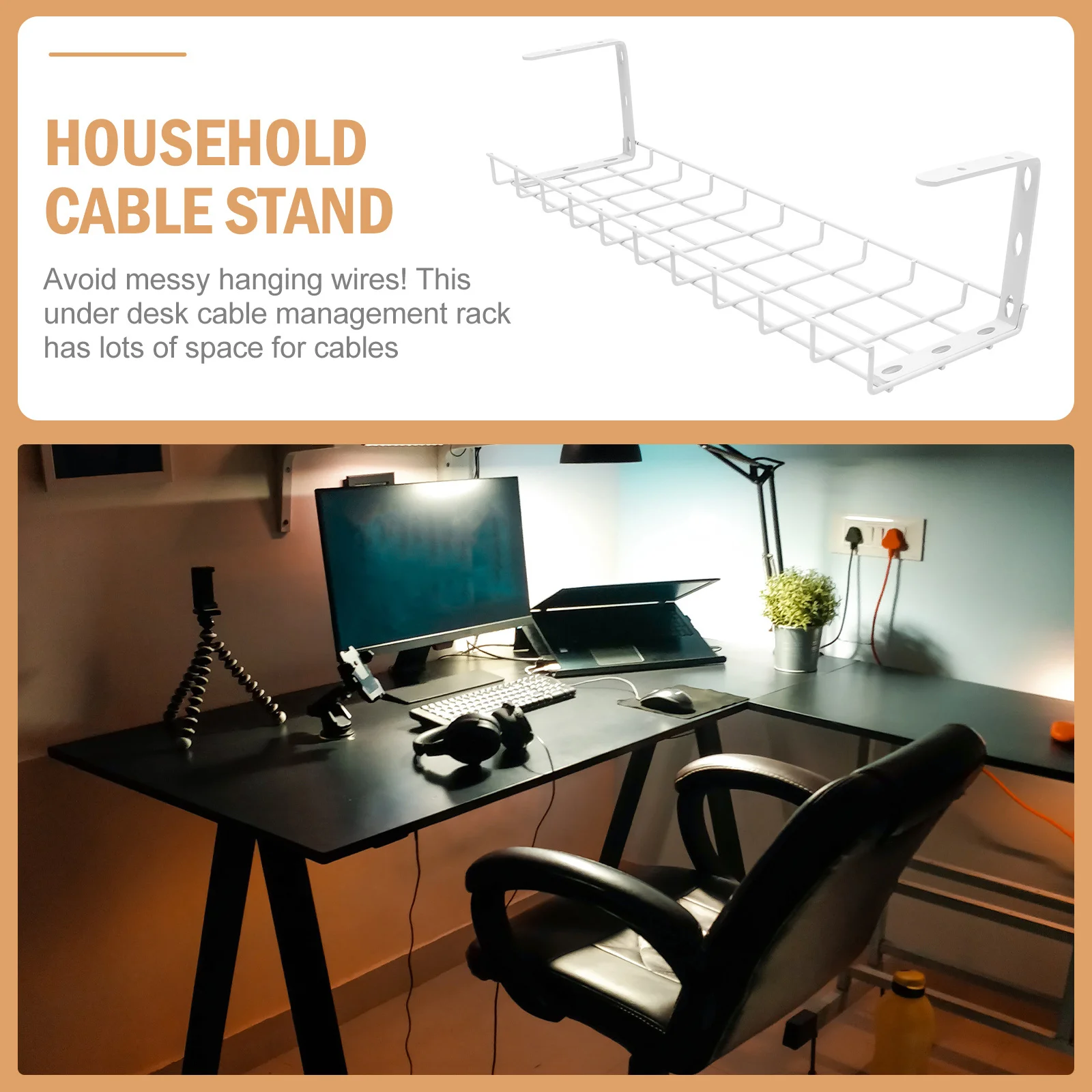 

1Pcs Under Desk Cable Organizer High Strength Iron Wire Storage Rack for Power Strips Adapters USB Hubs Cable Management Shelf