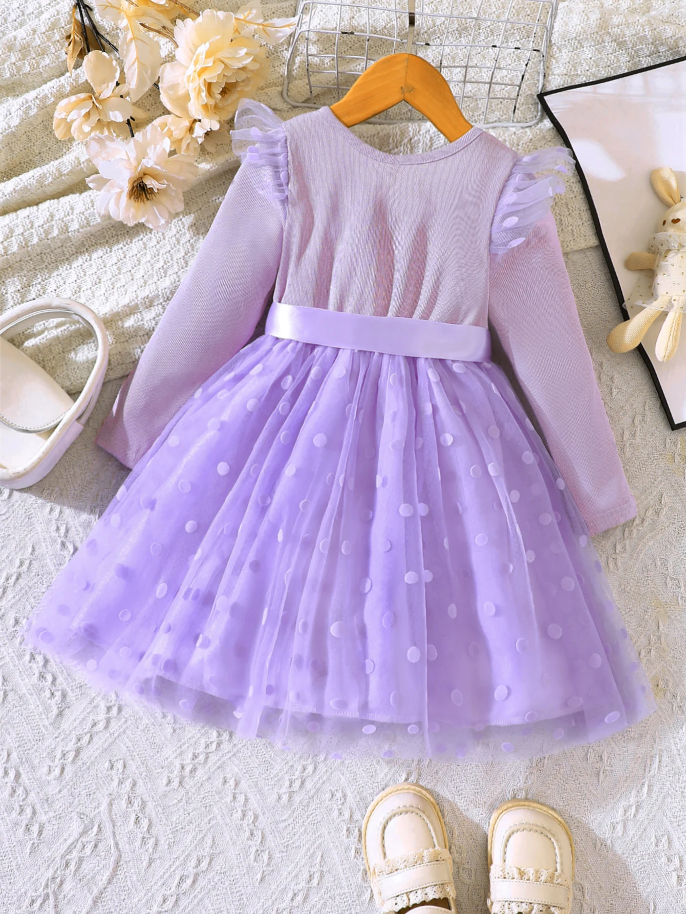 New Autumn And Winter Girl\'s Plush Mesh Polka Dot Dress For Primary And Secondary School Children