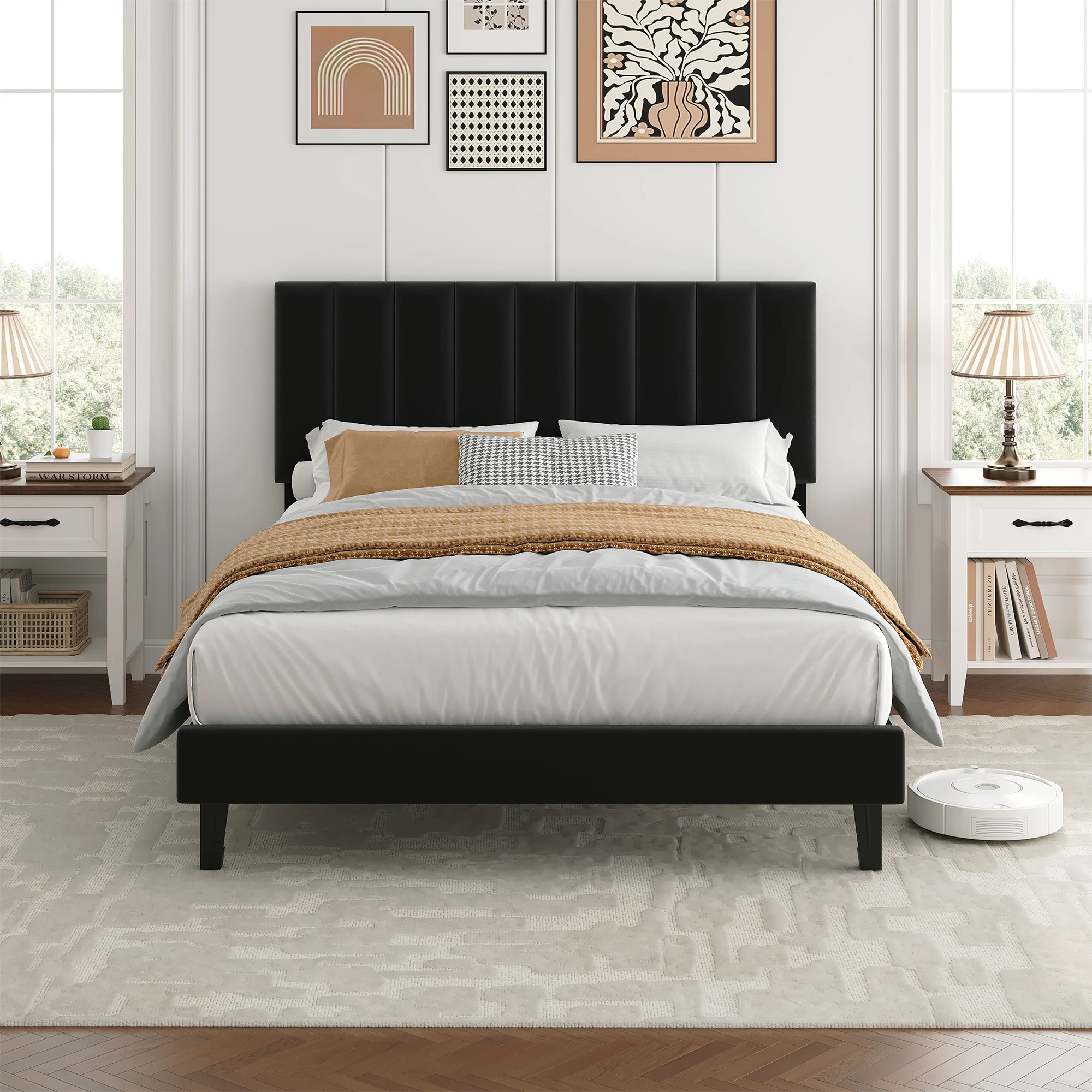 Velvet Upholstered Platform Bed Frame with Adjustable Vertical Channel-Tufted Headboard, Wooden Slat Support, Noise-Free, No Box Spring Needed - Multiple Colors/Sizes