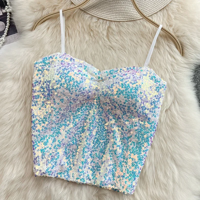 ITOOLIN-المرأة أعلى محصول الترتر الكتف مع وسادة حمالة الصدر ، أعلى أنبوب مثير ، س العنق الملابس الداخلية ، كاميس ضئيلة ، الربيع ، الصيف ، Y2K #5