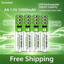 2024 New 1.5V USB AA Rechargeable Battery 12800 MAh Li-ion Battery for Remote Control Mouse Electric Toy Battery + Type-C Cable