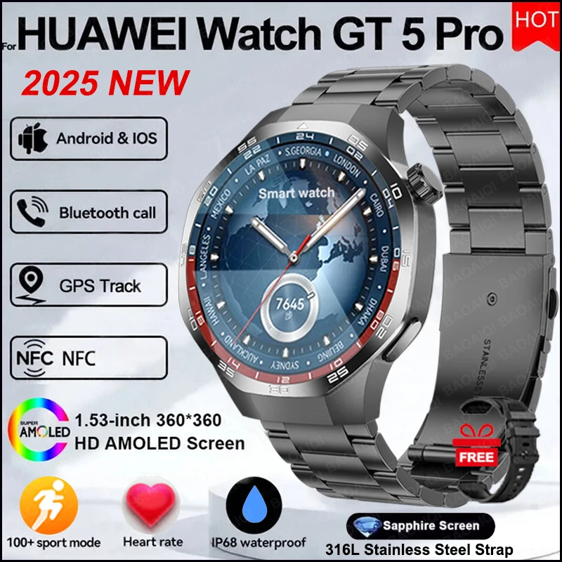 

2025New For Huawei Watch GT5 Pro Smart Watch AMOLED Screen NFC GPS Tracker Bluetooth Call Health Waterproof Smartwatch Men Women