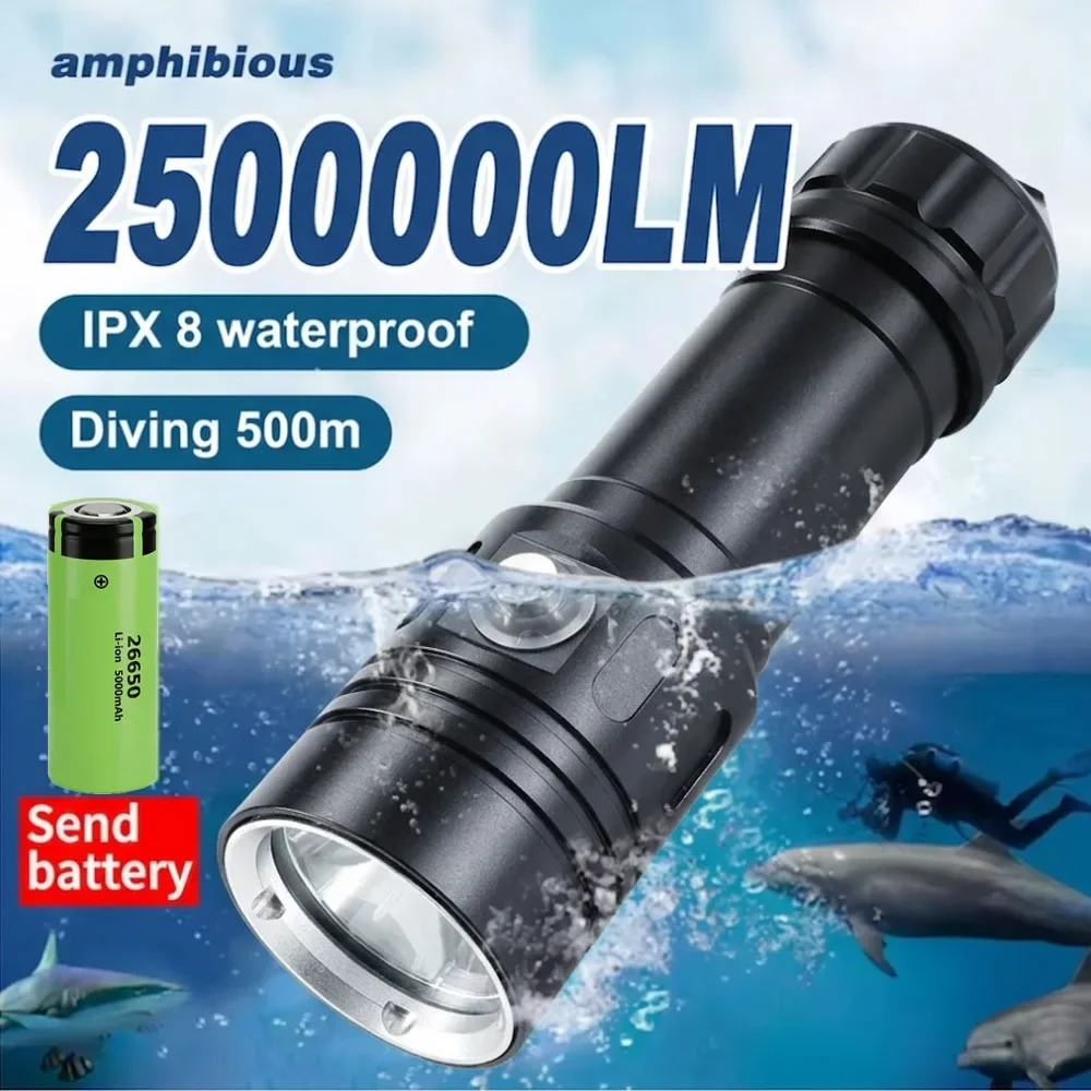 LED Diving Flashlight 2000LM IP68 Dive Light 26650 Torch Equipments Underwater 100M Depth Lamps Snorkel Professional Accessories