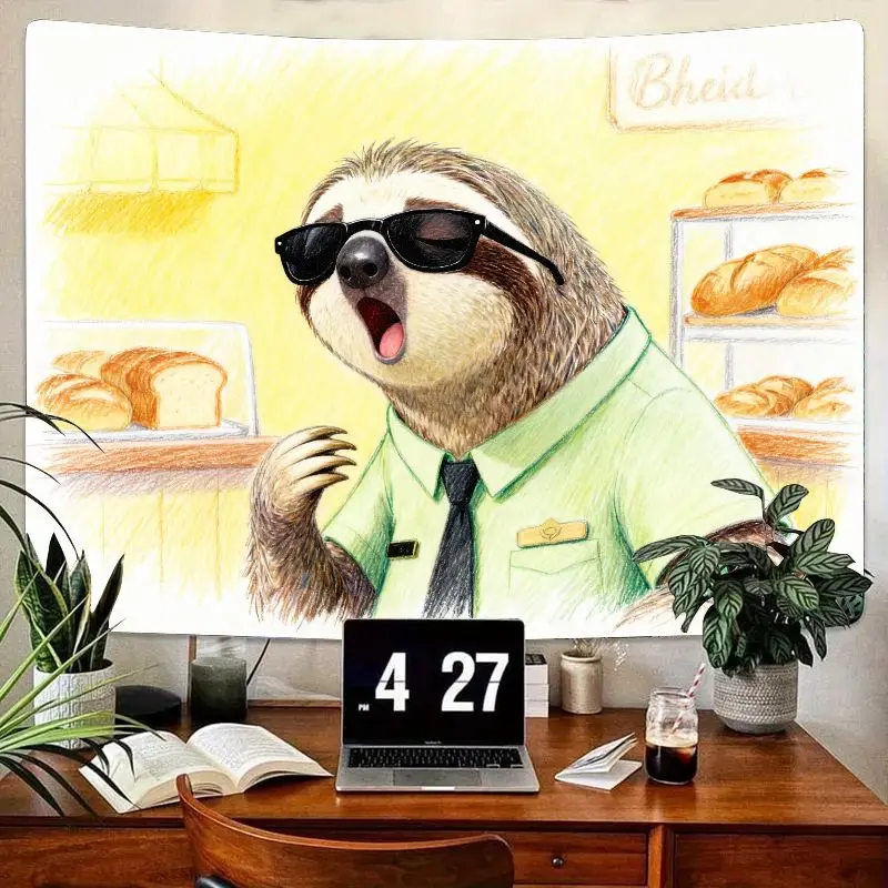

1PC Funny Yawning Sloth in Sunglasses Tapestry, Bakery Worker Wall Art, Modern Polyester Aesthetic Decor for Bedroom Living Room
