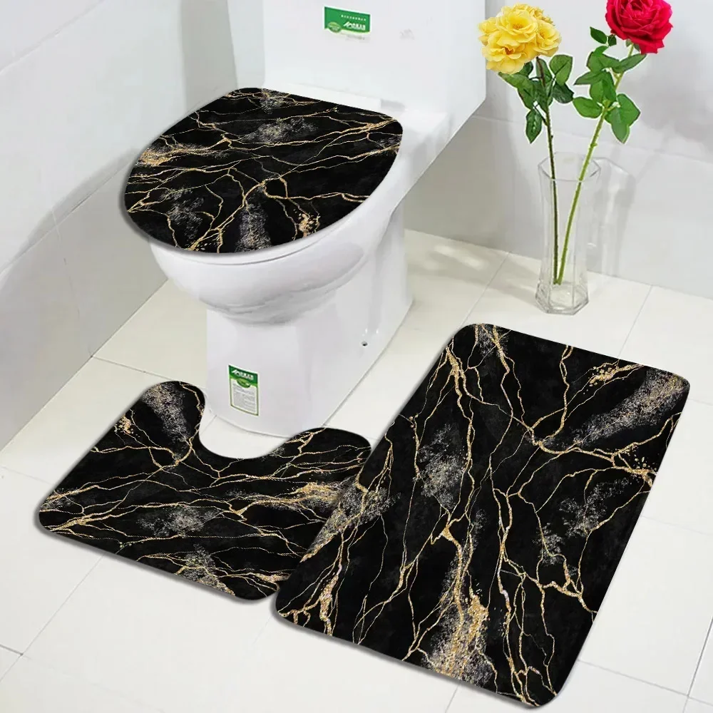 Abstract Marble Bath Mat Set Creative Geometric Gold Lines Black Home Carpet Bathroom Decoration Non-slip Rugs Toilet Lid Cover