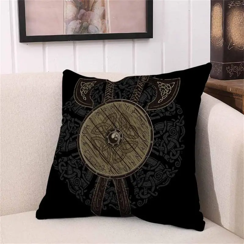 Throw Pillow Covers Black Odin Viking Design Crossed Battle Axes and Shield of with The Scandinavian Runes Ancient Pillow Case