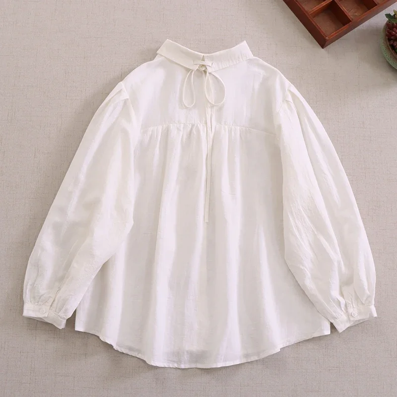 Japan Style Mori Girl Retro Cotton Linen Blouse Loose Shirt Women Turn Down Collar Lantern Sleeve Casual Blusa Feminina Tops