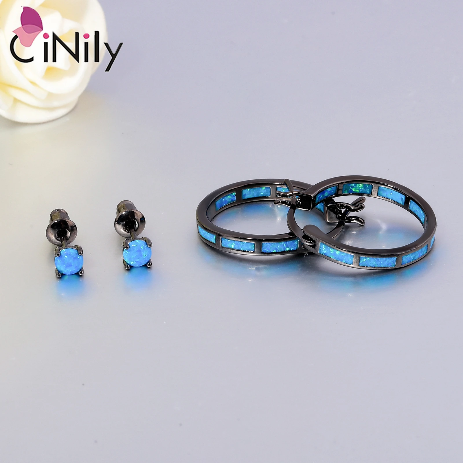 CiNily Multi-color Optional Opal Stud Earrings for Women Girls Rose Gold/Silver Plated Circle Punk Earrings Gemstone Jewelry Set