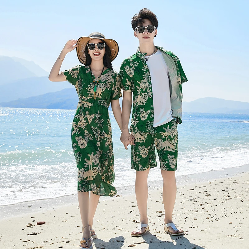 Summer Beach Family Matching Outfits Mum Daughter Dresses Holiday Seaside Dad Son Floral Shirts/T-shirt+Shorts Couple Clothes