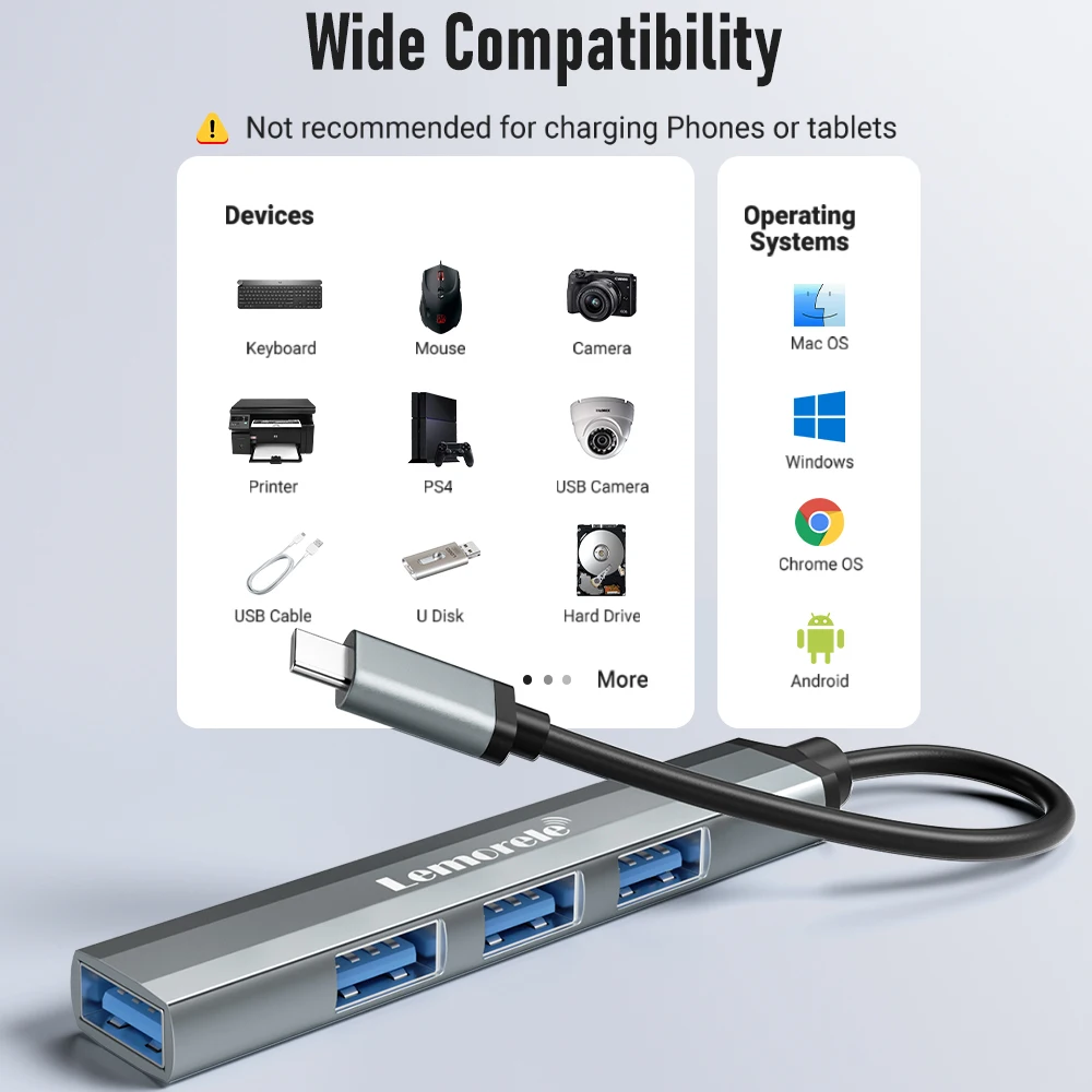 Lemorele USB C Hub USB Hub 3.0 Long Cable OTG 4 Port Type C HUB Multi Splitter Adapter Laptop Accessories For Xiaomi Lenovo Macb