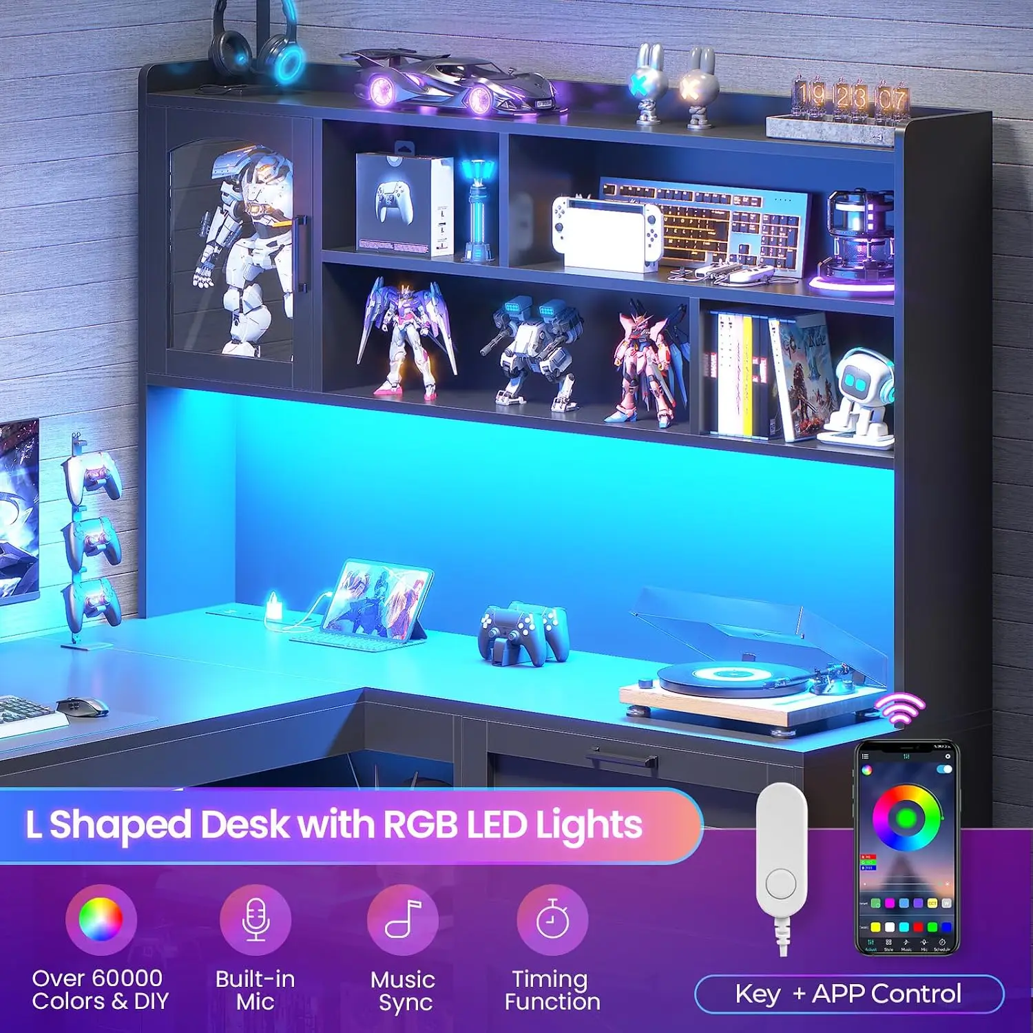 L Shaped Gaming Desk with Drawers & Bookshelf Storage, 61 Inch, Customized