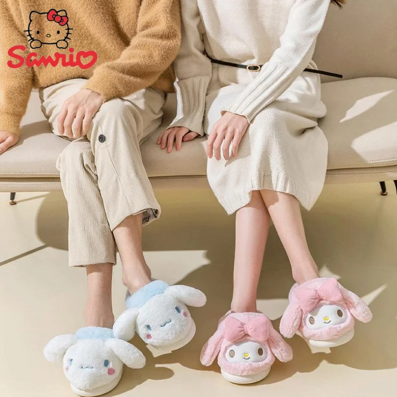 Kawaii Sanrio Cinnamoroll My Melody Plush Women Cotton Slippers Anti-Skid Keep Warm Autumn And Winter Indoor Home Plushies Shoes