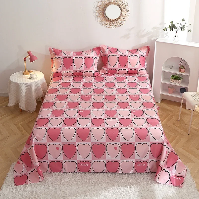 Romantic Pink Love Bed Sheet Set Girly Kawaii Heart Bedding Set for Kids Boys Girls Cartoon Love Geometric Cotton Flat Sheet