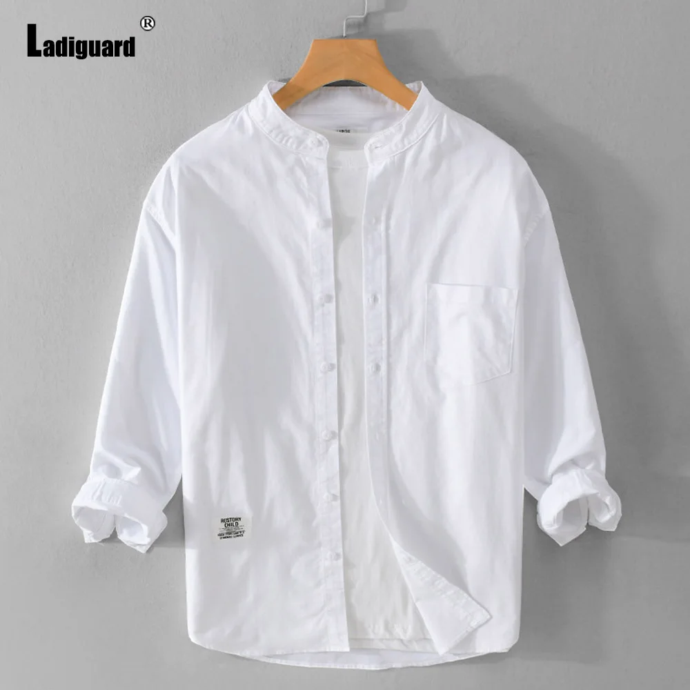 

Mandarin Collar Linen Shirt Clothing 2023 Korean Fashion Tops Solid White Khaki Casual Blouse Mens Open Stitch Basic Shirts Wear