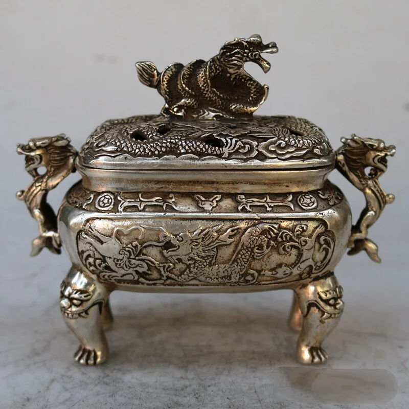 Ming Xuande White Copper Silver-plated Dragon Incense Burner Four-foot Censer Dragon Handle Lid Curio Home Decor Ornament