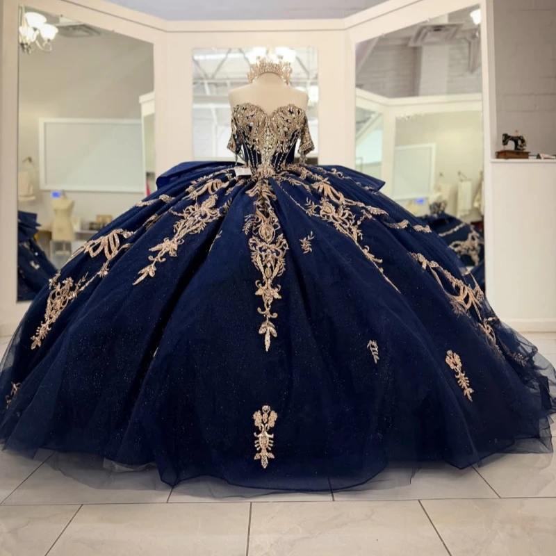 Navy Blue Shiny Ball Gown Quinceanera Dresses Gold Applique Lace Beading Crystal Bow Tull Corset Off The Shoulder Sweet 16 Dress