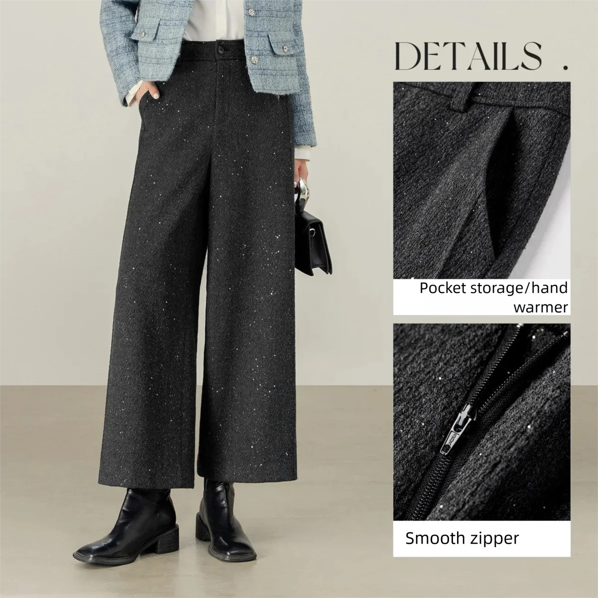 SENTUBILA Women's Wool Blend Wide Leg Cropped Pants Women 2025 Winter New Loose Soft Thick WarmAnkle-Length Trousers 154K58788