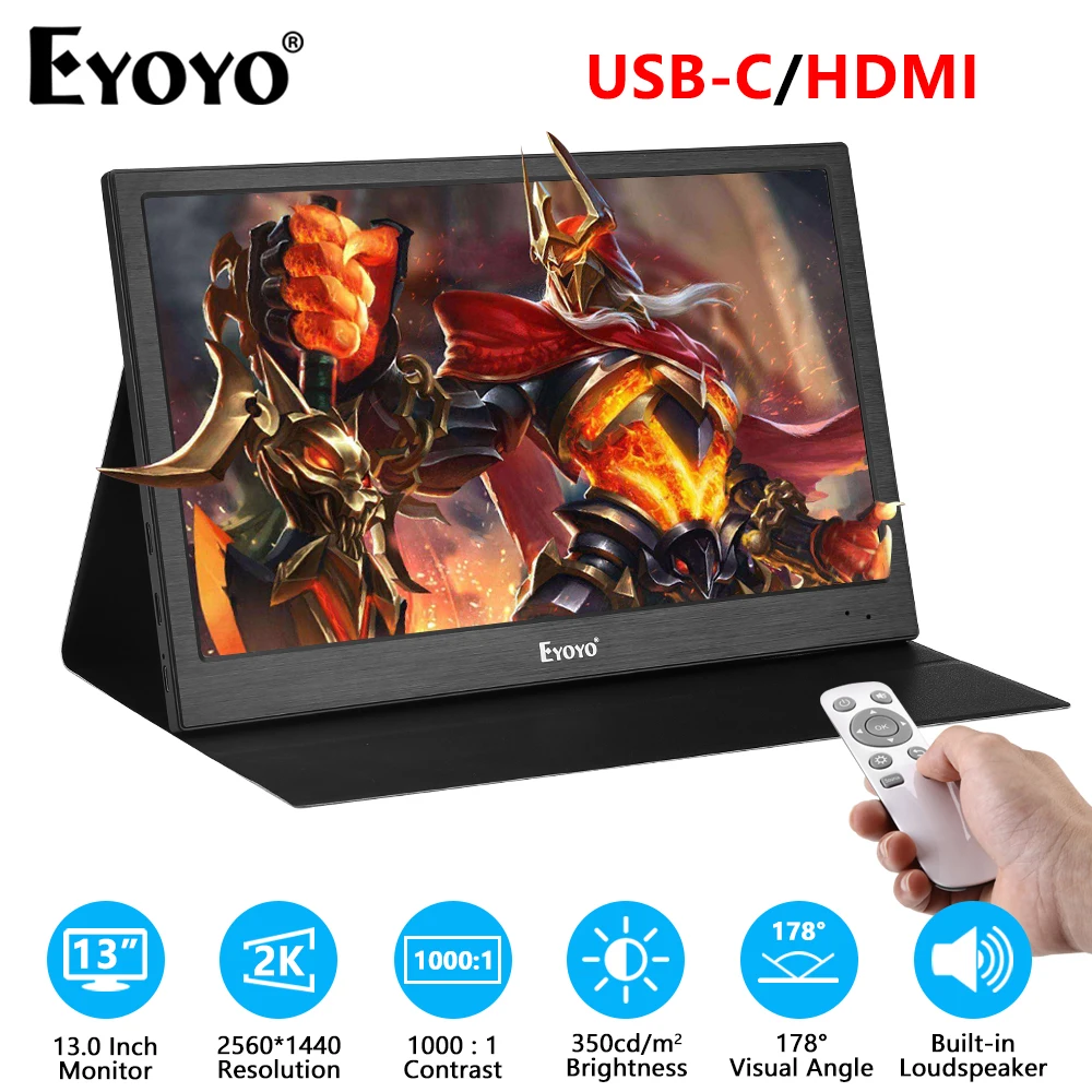 

Eyoyo 13" Portable 2K High Resolution Gaming IPS Monitor Support Remote Control Type-C&HDMI Input For Xbox One PS3 Raspberry Pi