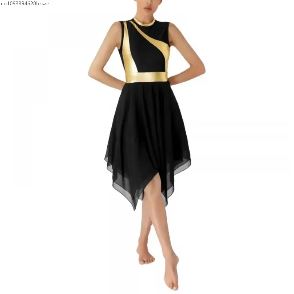 女性典礼賛美叙情的なダンスドレス社交ダンス教会聖歌隊礼拝衣装ノースリーブ光沢のあるスパンコールダンスウェア