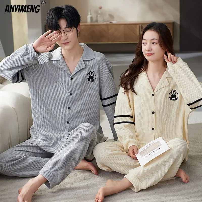 Waffle Cotton Sleepwear New Women Men Spring Autumn Couples Pajamas Set Lovers Nightgown Turn-down Collar Pijamas Home Clothes