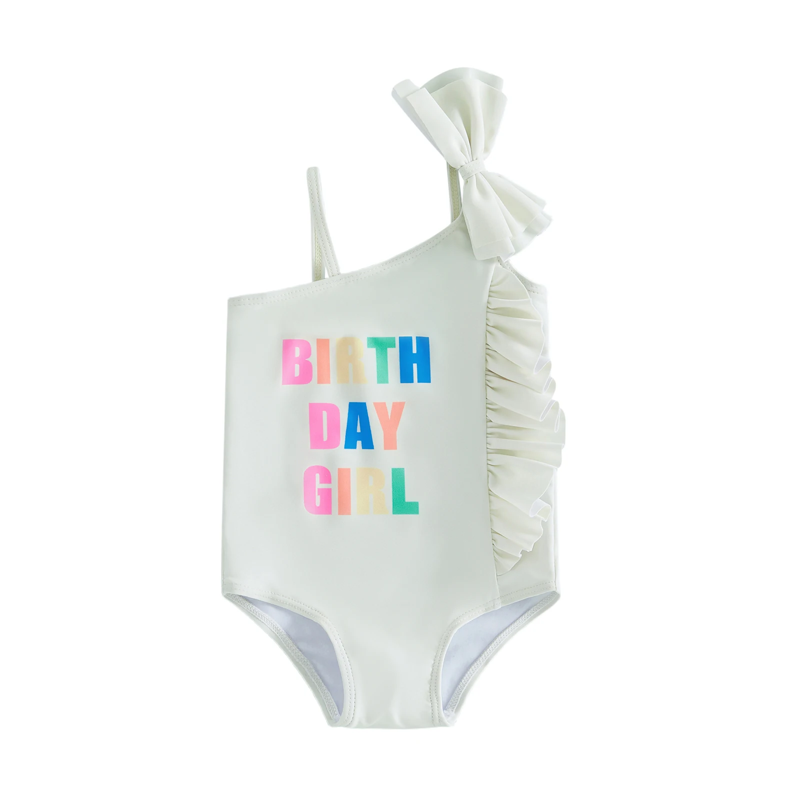 Kids Girl Swimsuits Letter Print Asymmetrical Bow Ruffles Sleeveless Swimwear for Toddler Bathing Suits Beachwear view 4