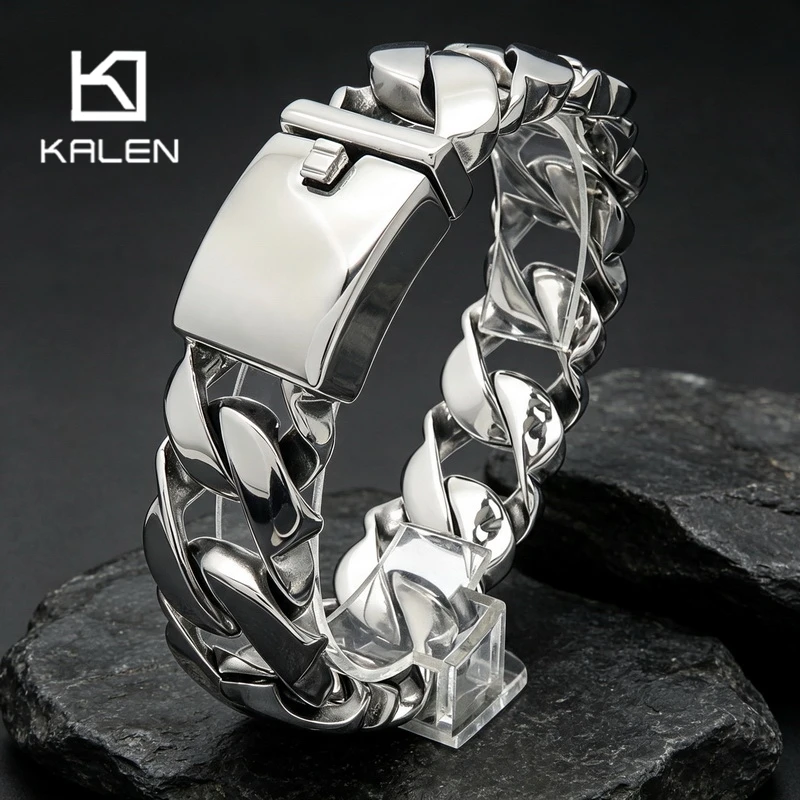 Kalen 21mm Stainless Steel Cuban Chain Bracelet for Men Heavy Curb Chain Wristband Hip Hop Biker Party Jewelry Shiny Gift