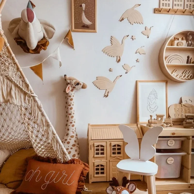 Kids Room Swan Wall Decoration Wooden WildGeese Wall Stickers Nursery Decor Neutral Kids Room Wall Decor