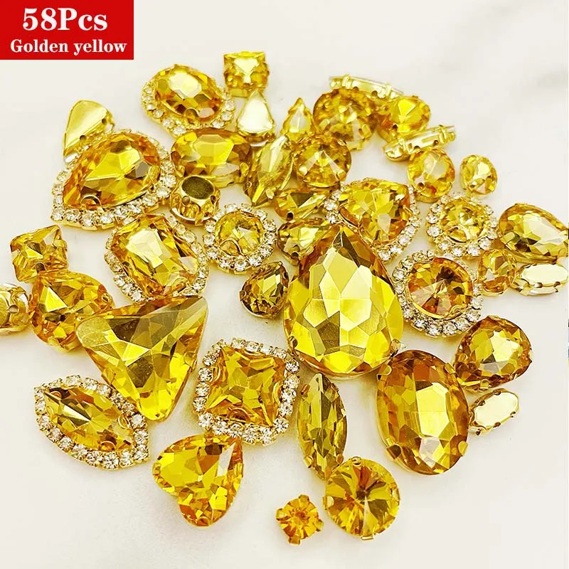 58pcs/bag Shiny Golden Yellow Sew on Stones,Gold Bottom Mix Shape/color Crystal Glass Rhinestones,Diy/Clothes/Wedding Decoration