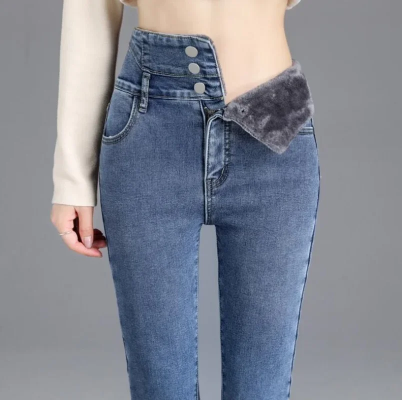 

Winter New Fleece High Waist Jeans for Women Classic Black Stretch Thickened Warm Slim Plush Velvet Pencil Denim Trousers