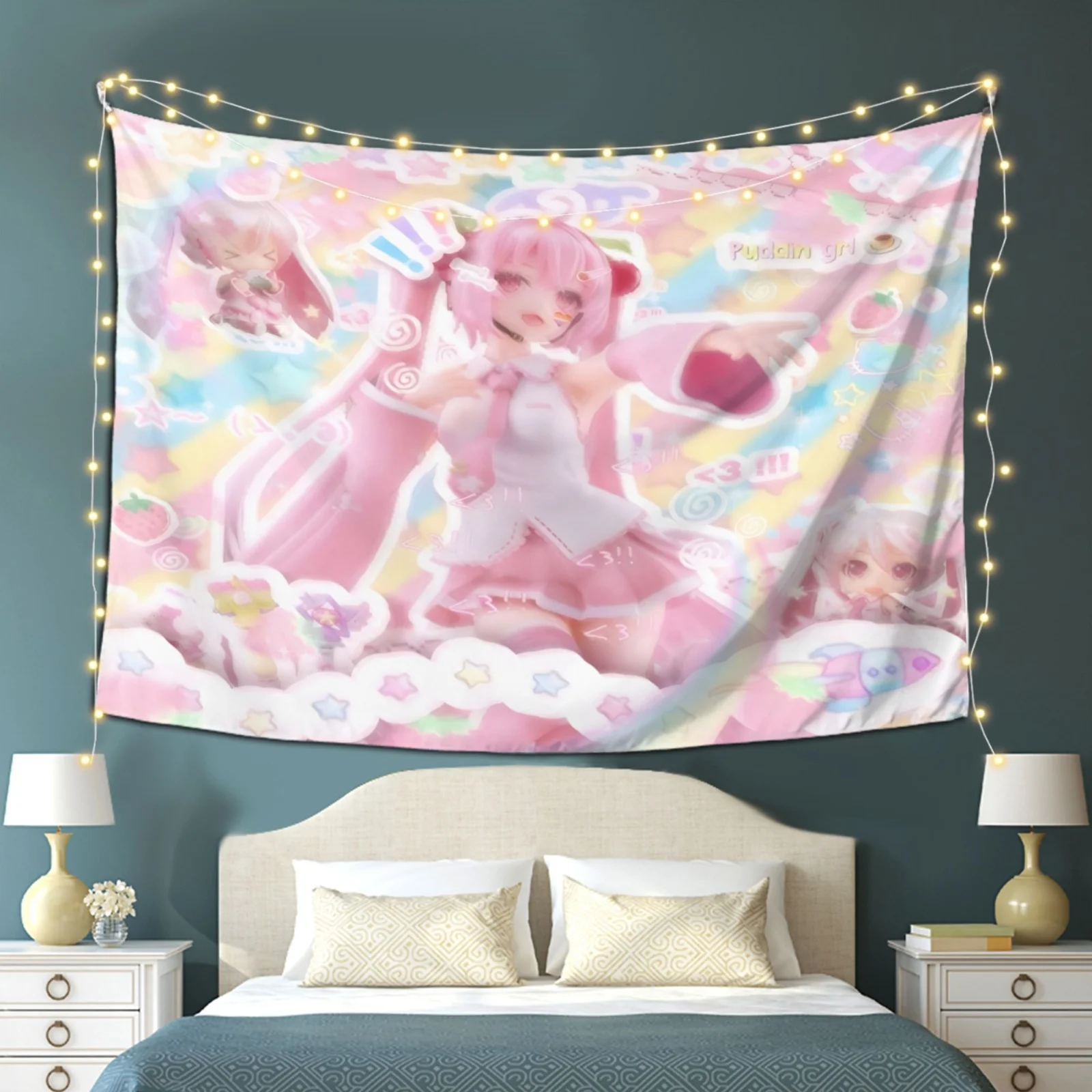 1pc S-Sakura M-Miku Cute Pink Anime Tapestry Pastel Sticker Style Wall Hanging Kawaii Strawberry Bedroom Decor pink room decor