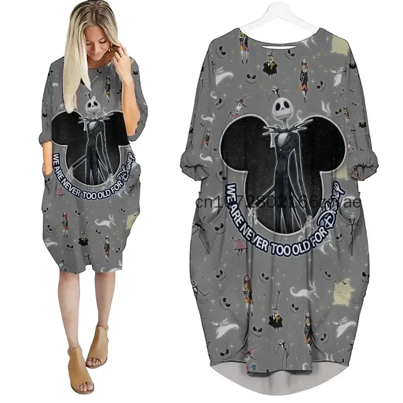 

Jack Skellington Women's Batwing Pocket Dress 3D Printed New Disney Oversize Fashion Street Dress Long Sleeve Sleeping Dress