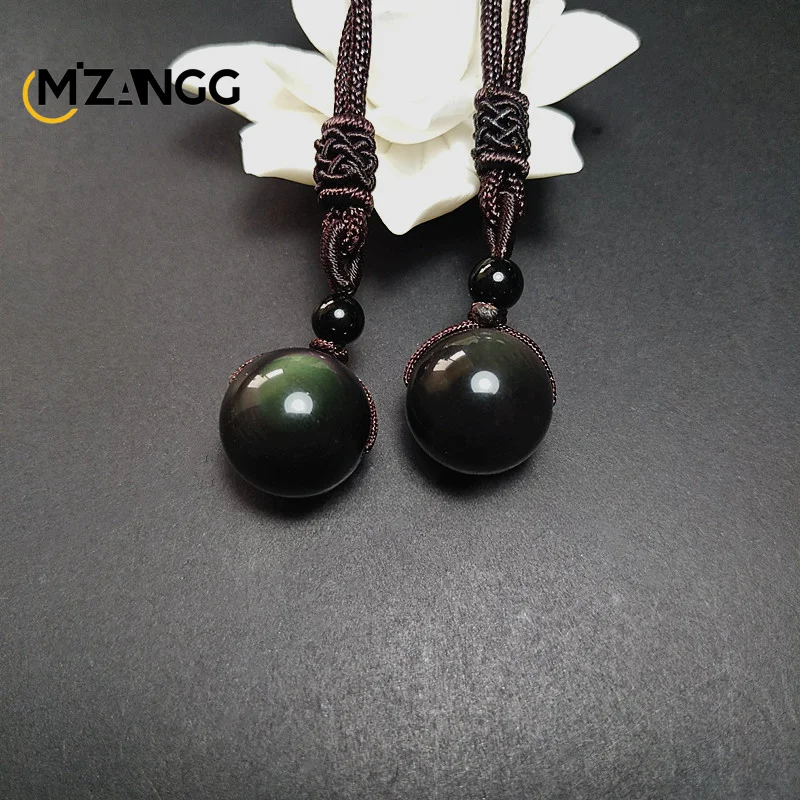 Natural Crystal Rainbow Eye Polished Obsidian Ball Pendant Necklace Rope ChainJewelry Stone Lucky Amulet Gifts for Men and Women