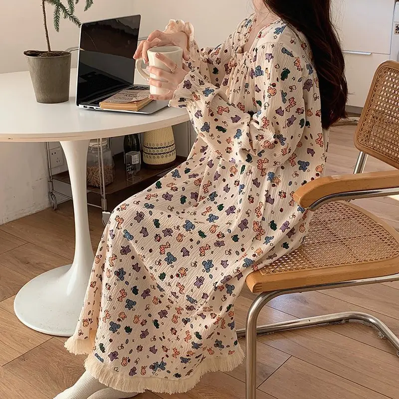 

Женское платье для сна с принтом, весенне-осенняя ночная рубашка с длинными рукавами, пижама, повседневная ночная рубашка, свободная домашняя одежда, платье, новый стиль