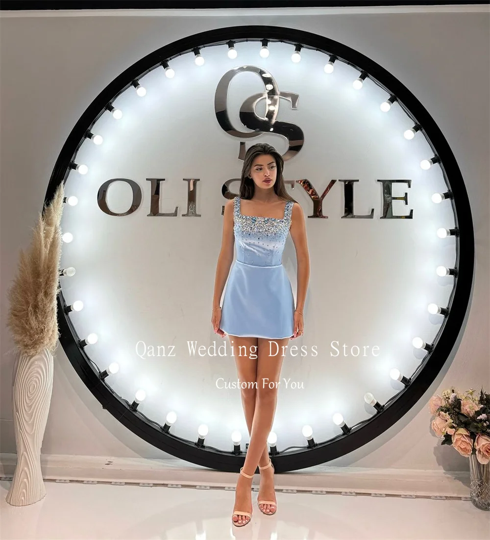 Qanz Short Blue Cocktail Dresses Crystal Mini Satin Birthday Dress Women Customized Spaghetti Straps Vestidos Para Fiesta Cortos