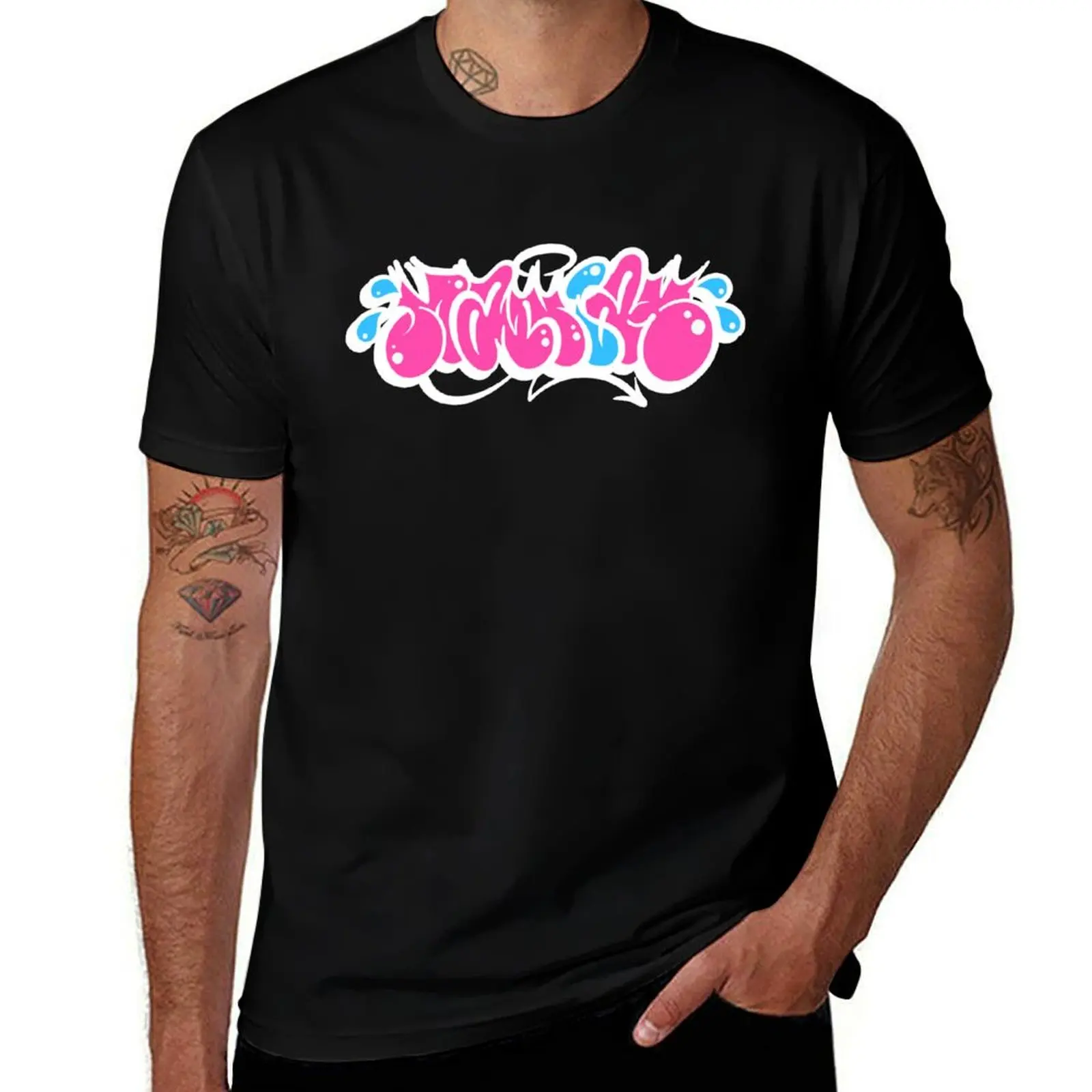 

Maniak White, Pink and Blue Throwie T-Shirt mens graphic t shirts cotton tshirt 100% t shirts designer T-Shirt