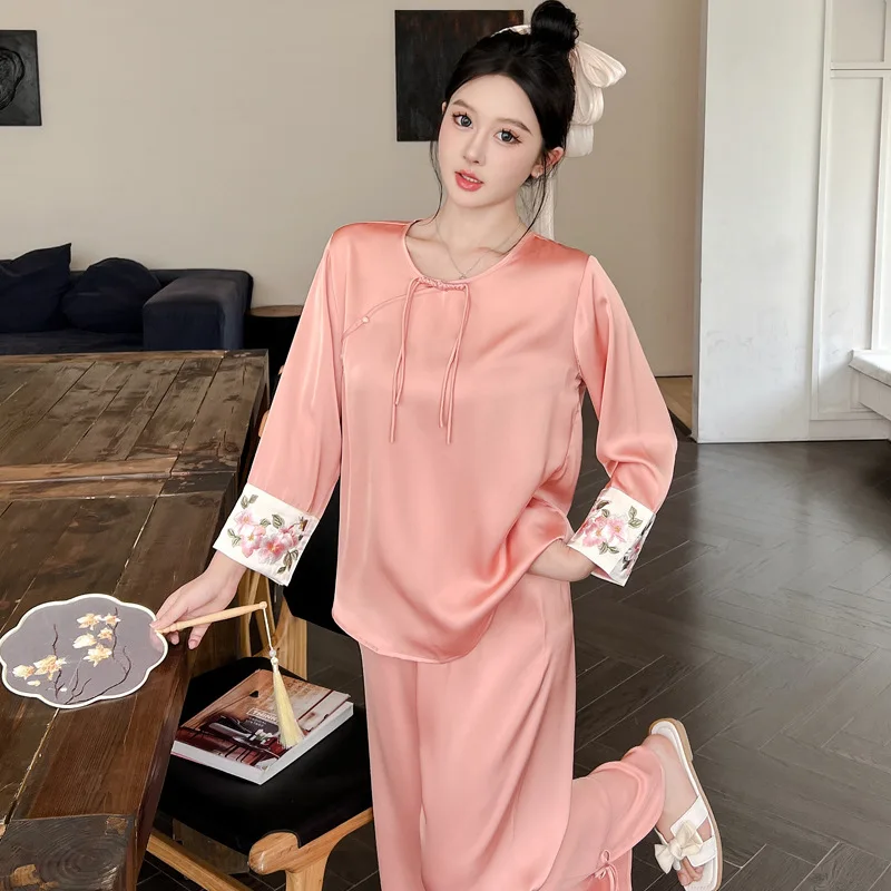 Ice Silk Chinese Style Pajamas Women\'s Spring/summer Thin Long Sleeved Pants New Ancient Solid Color  Home Wear Set Nightshirt